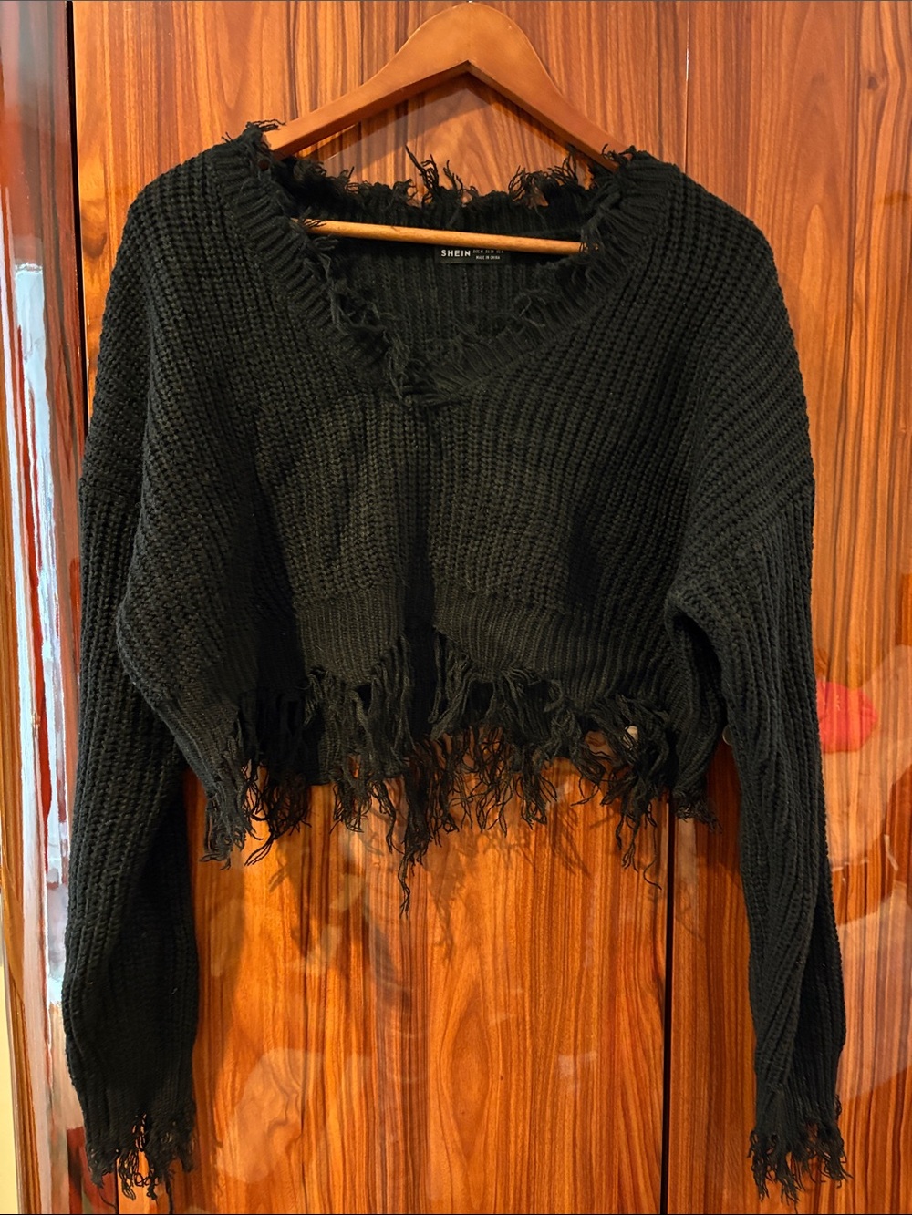 SHEIN Black Distressed Cropped V‑Neck Sweater new never used